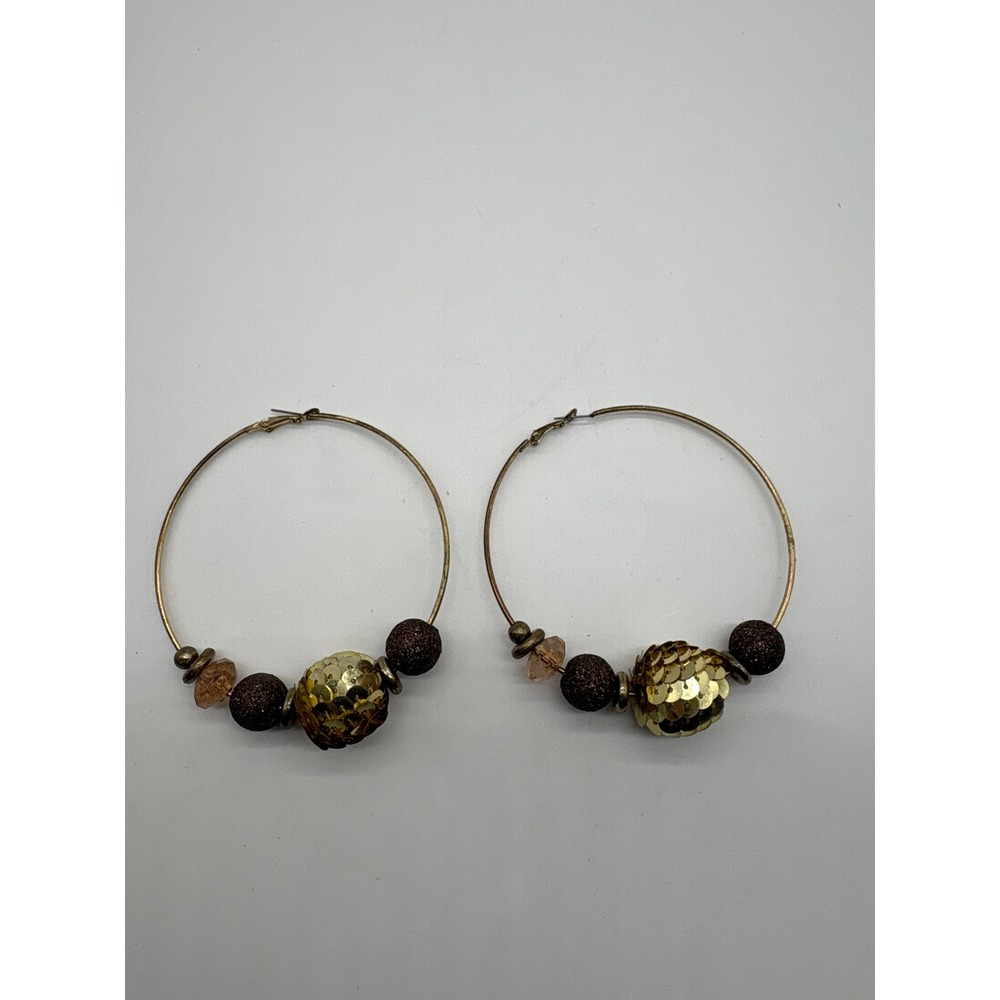 Gold Tone Large Beaded Hoop Earrings Sequin Glitter Warm Accents J935